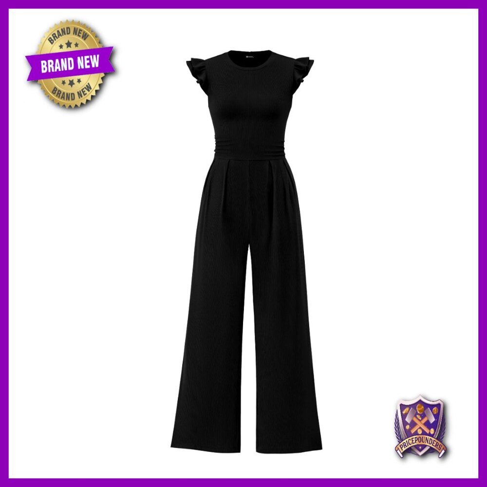 Ruffle Sleeve Rib Knit Jumpsuit, Empire Waist, Back Zipper, Wide Leg